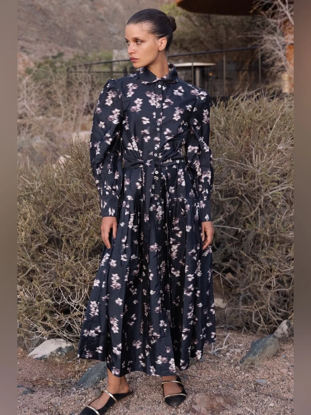 Oliphant Nora Black Lebombo Button-Up Long Sleeve Dress Large